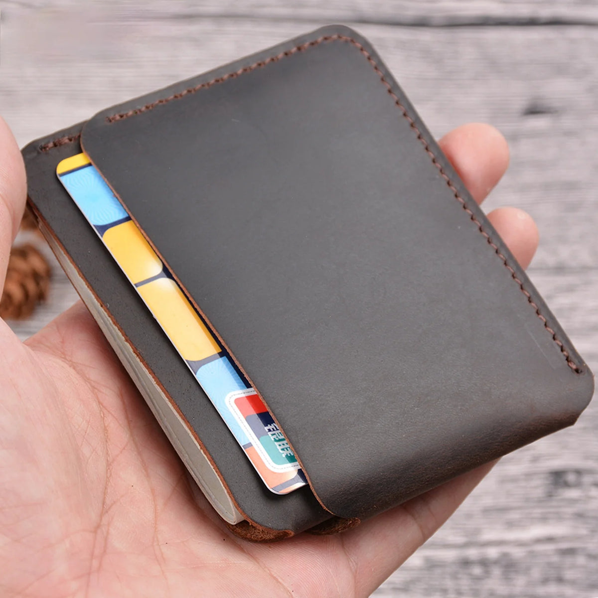 Porte-cartes slim en cuir véritable Crazy Horse compact avec 3 emplacements unisexe — photo 6