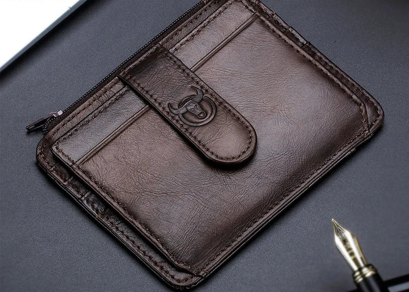Porte-cartes homme en cuir véritable RFID avec zip et rabat compact — photo 1