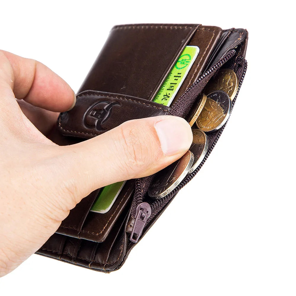 Porte-cartes homme en cuir véritable RFID avec zip et rabat compact — photo 3