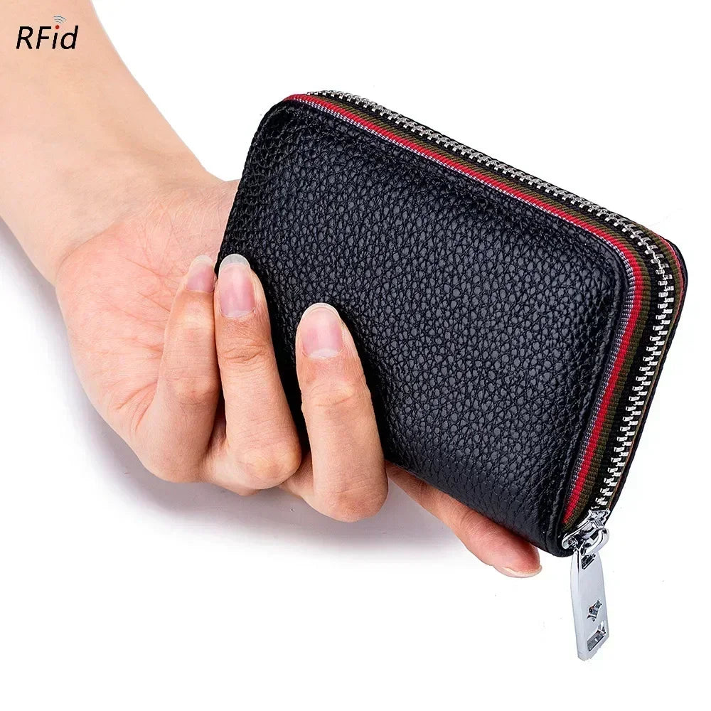 Porte-cartes en cuir véritable zippé avec RFID compact unisexe accordéon — photo 1