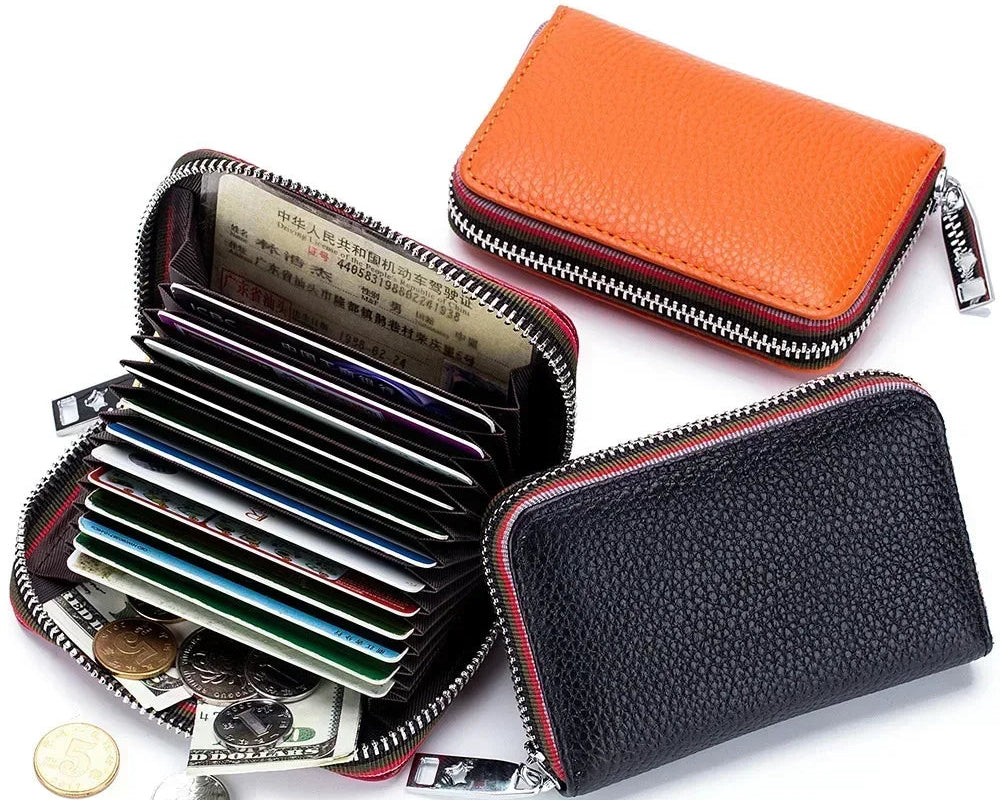 Porte-cartes en cuir véritable zippé avec RFID compact unisexe accordéon — photo 4 Image