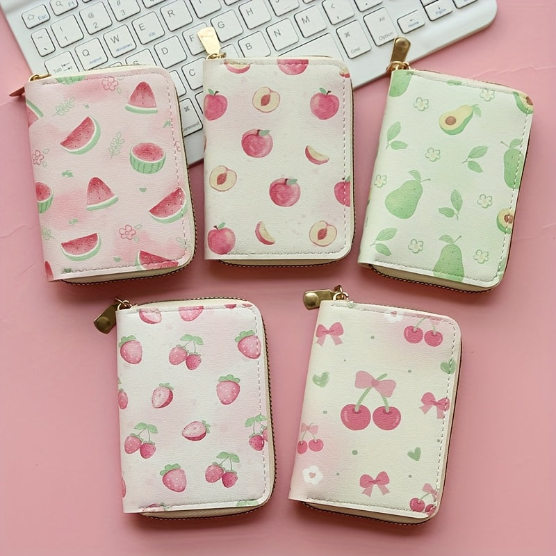 Porte-cartes fille accordéon zippé, fruits imprimés, 8 x 11 cm