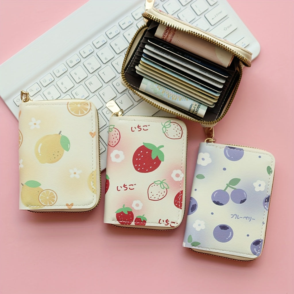 Porte-cartes fille accordéon zippé, fruits imprimés, 8 x 11 cm