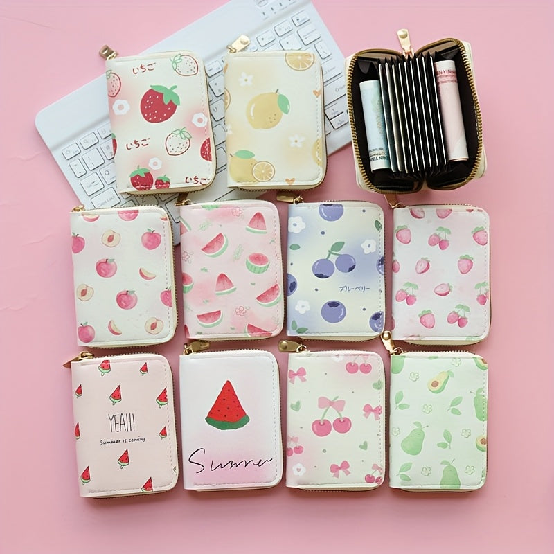 Porte-cartes fille accordéon zippé, fruits imprimés, 8 x 11 cm