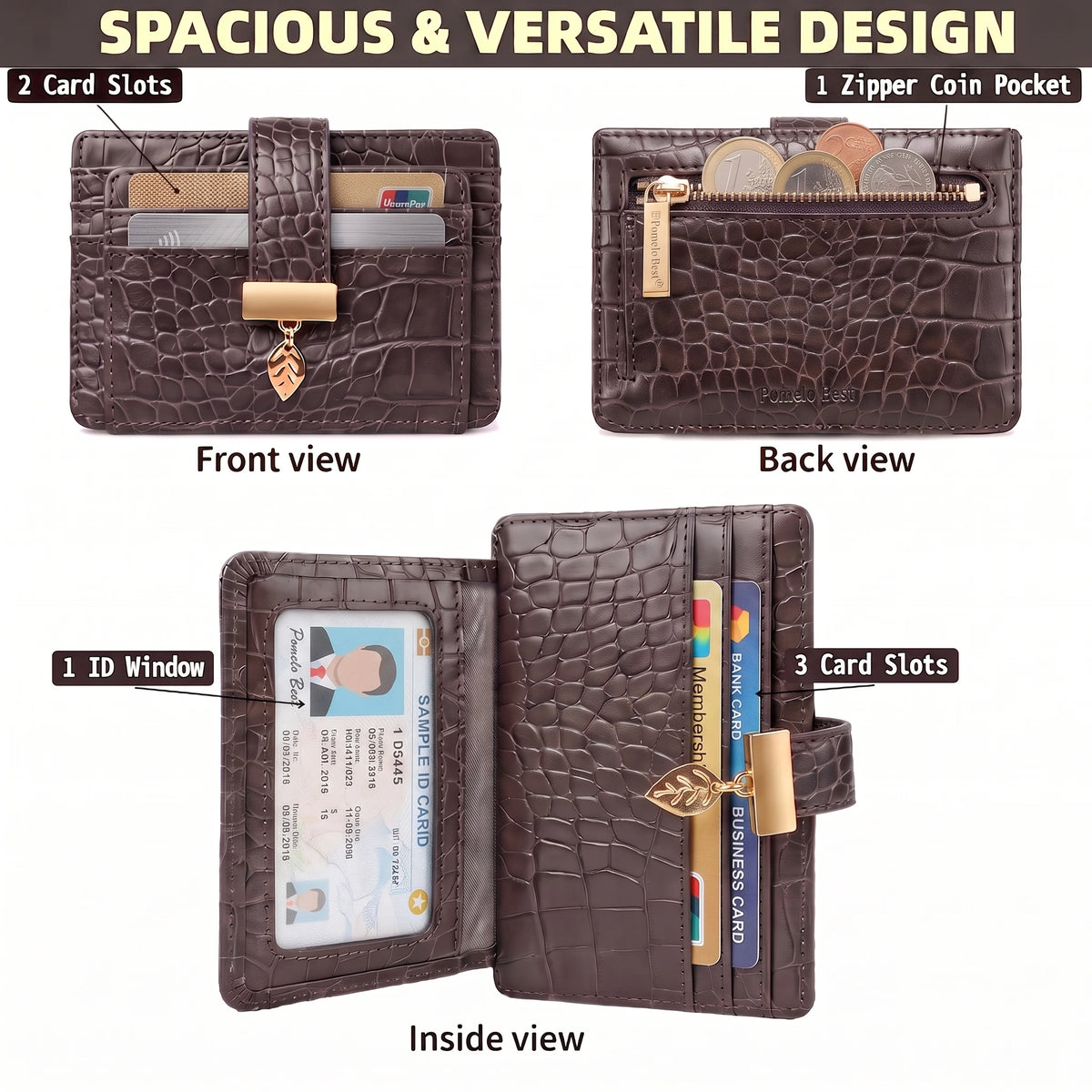 Porte-cartes femme gaufré croco, 5 fentes et zip monnaie