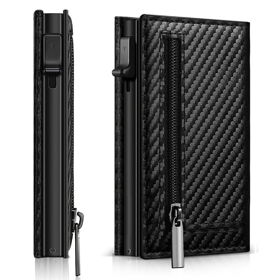 Porte-cartes homme texture carbone, éjection et poche zippée