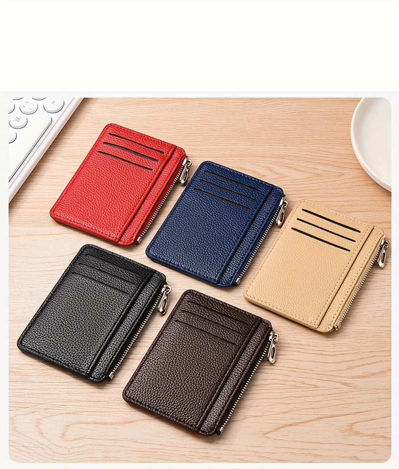 Porte-cartes plat mixte à poche zippée en cuir PU grainé
