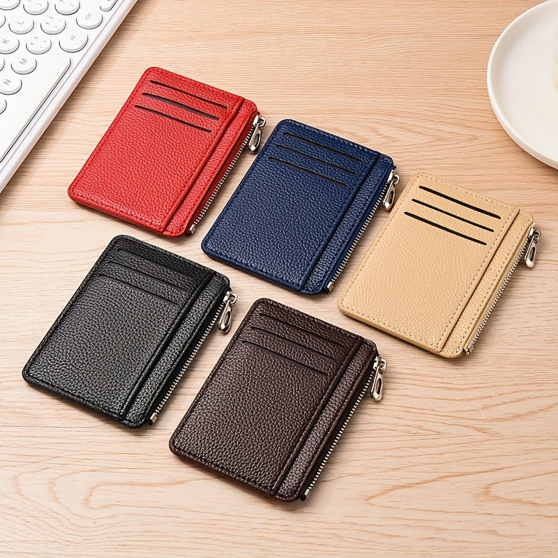 Porte-cartes plat mixte à poche zippée en cuir PU grainé