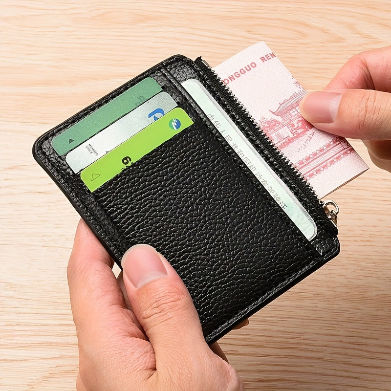 Porte-cartes plat mixte à poche zippée en cuir PU grainé