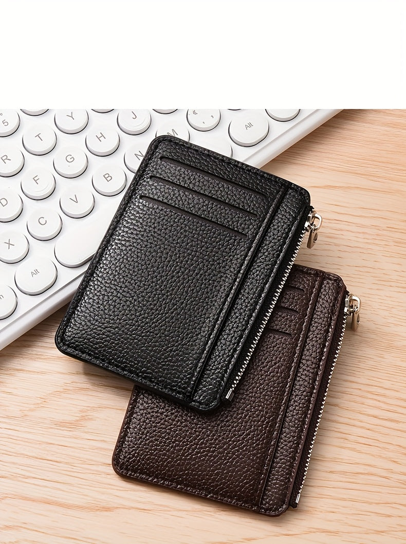 Porte-cartes plat mixte à poche zippée en cuir PU grainé