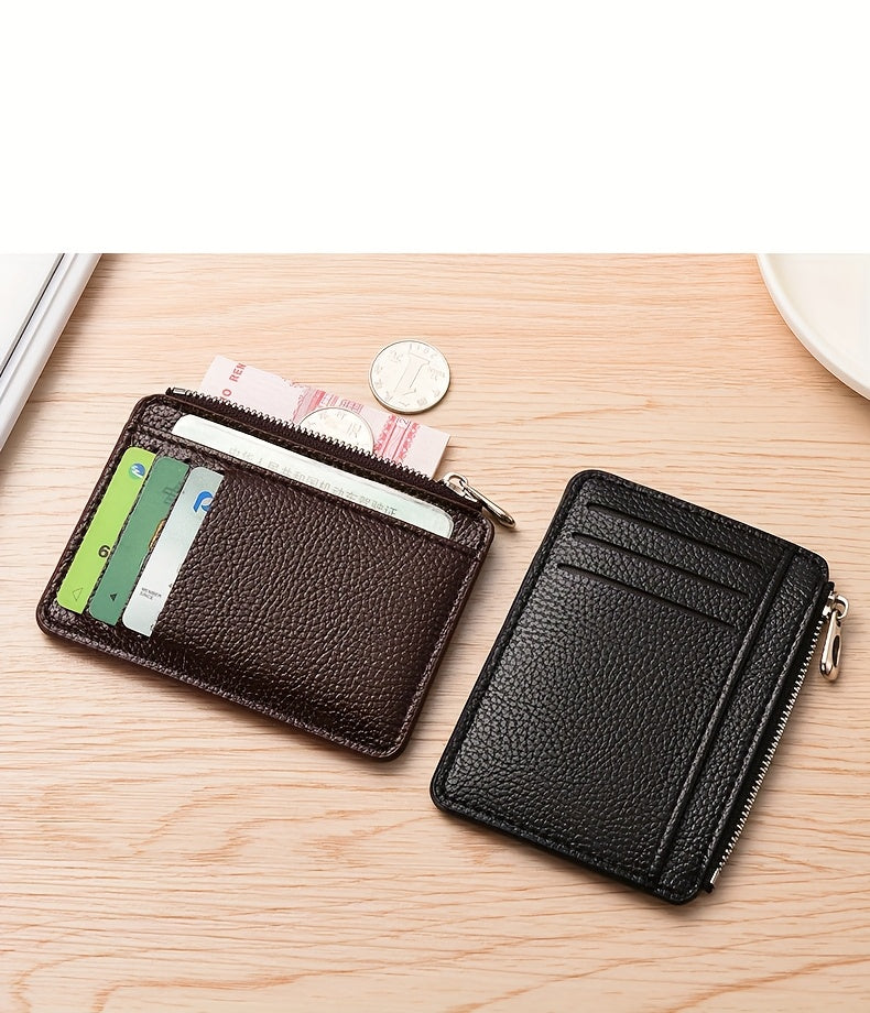 Porte-cartes plat mixte à poche zippée en cuir PU grainé