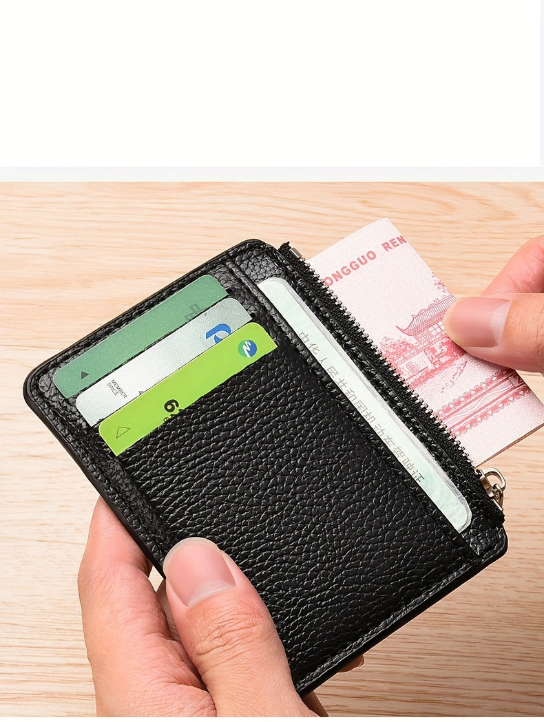 Porte-cartes plat mixte à poche zippée en cuir PU grainé