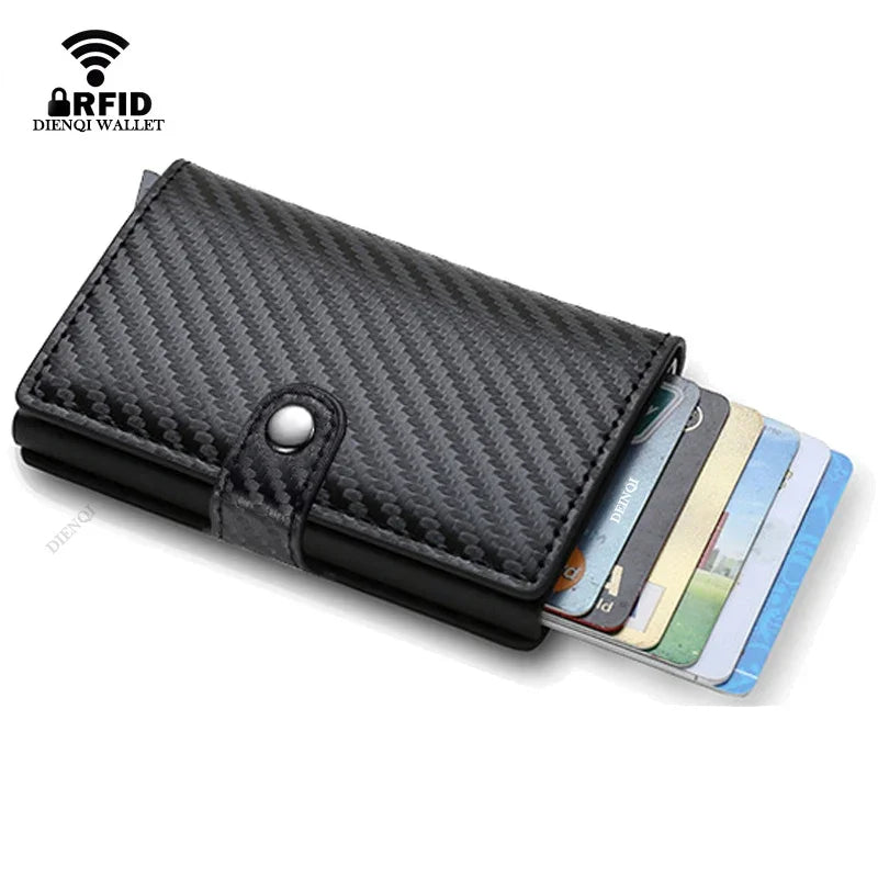 Porte-cartes RFID en aluminium et cuir effet carbone slim avec système anti-vol — photo 4