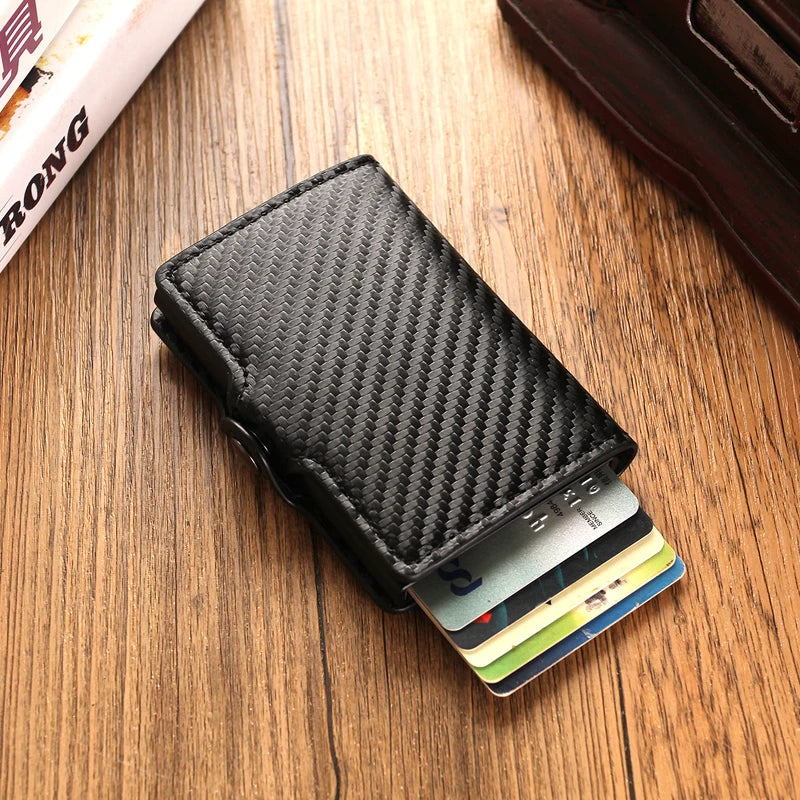 Porte-cartes RFID en cuir PU effet fibre carbone zippé compact ultra fin — photo 1