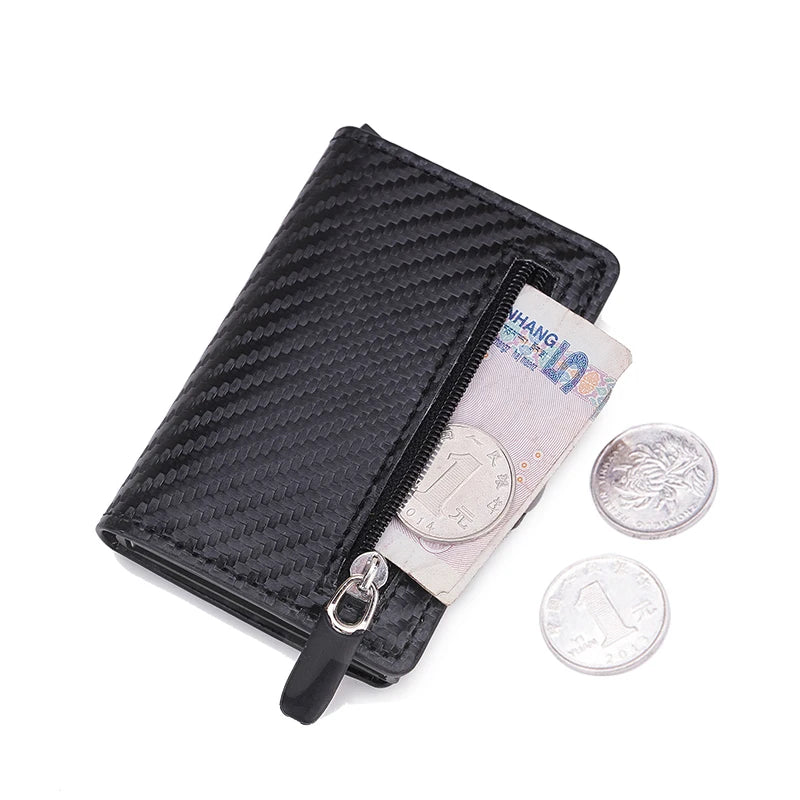 Porte-cartes RFID en cuir PU effet fibre carbone zippé compact ultra fin — photo 2