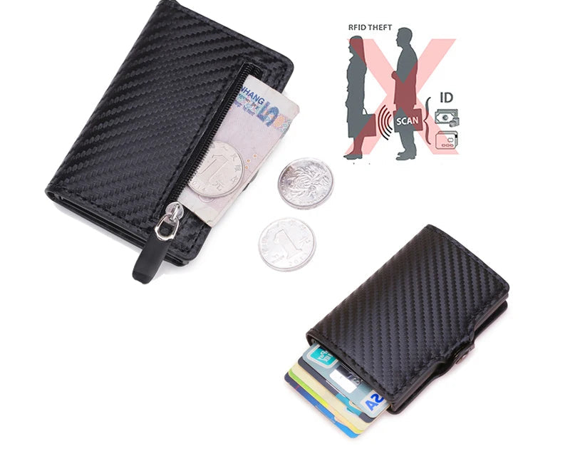 Porte-cartes RFID en cuir PU effet fibre carbone zippé compact ultra fin — photo 4