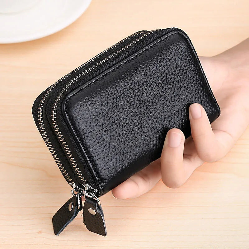 Porte-cartes RFID en cuir véritable avec double fermeture zippée et grande capacité — photo 1