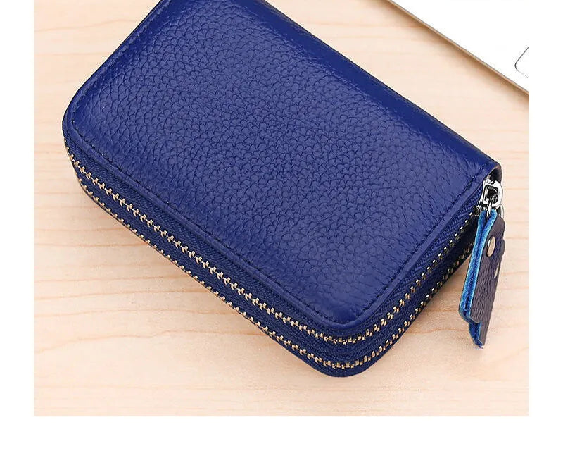 Porte-cartes RFID en cuir véritable avec double fermeture zippée et grande capacité — photo 10