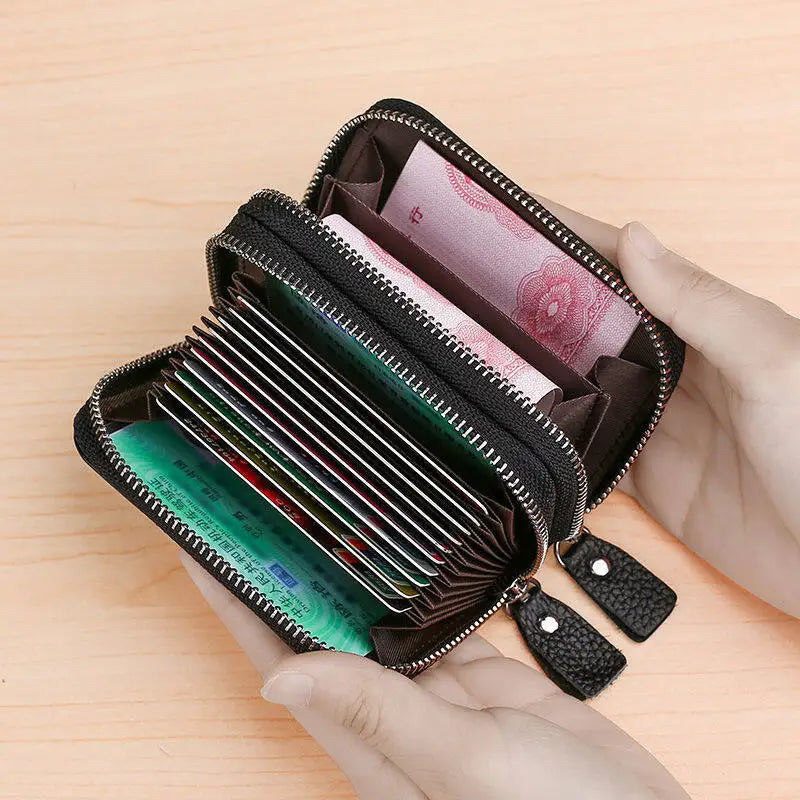 Porte-cartes RFID en cuir véritable avec double fermeture zippée et grande capacité — photo 2