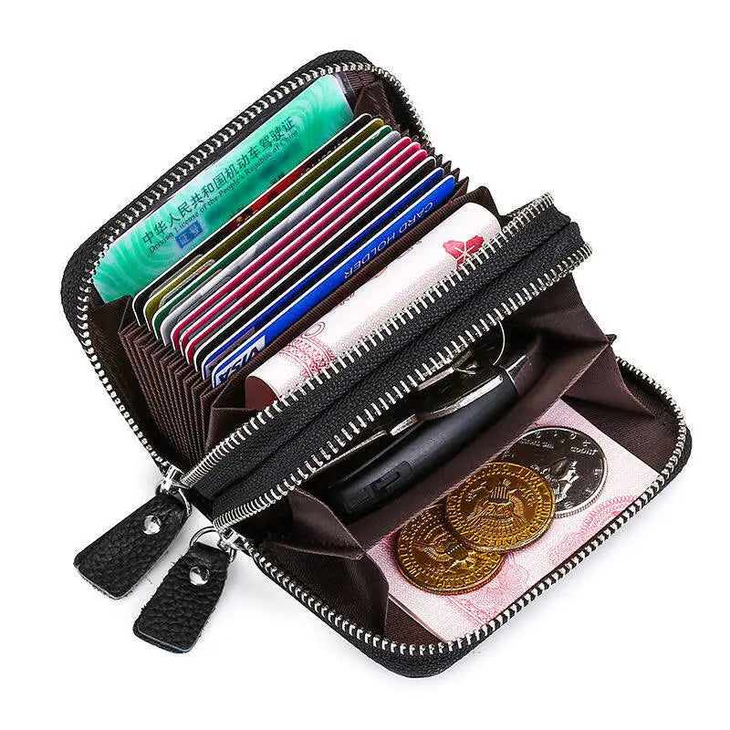Porte-cartes RFID en cuir véritable avec double fermeture zippée et grande capacité — photo 3