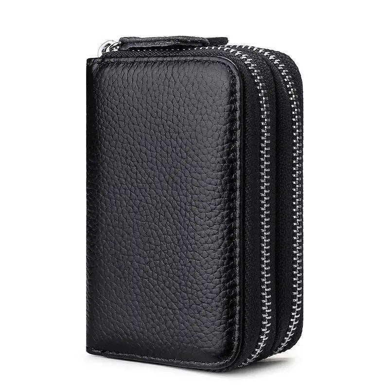 Porte-cartes RFID en cuir véritable avec double fermeture zippée et grande capacité — photo 4