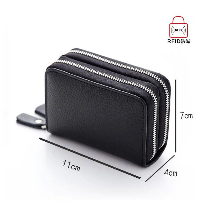 Porte-cartes RFID en cuir véritable avec double fermeture zippée et grande capacité — photo 5