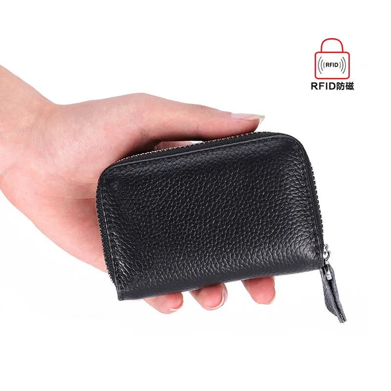 Porte-cartes RFID en cuir véritable avec double fermeture zippée et grande capacité — photo 6