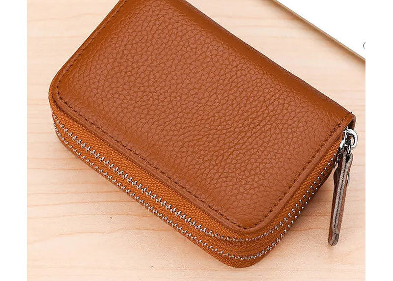 Porte-cartes RFID en cuir véritable avec double fermeture zippée et grande capacité — photo 9 Image