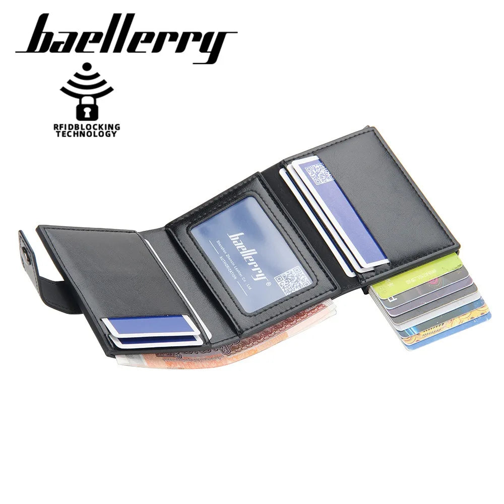 Porte-cartes compact en cuir PU avec éjection automatique RFID et fermeture bouton homme — photo 2