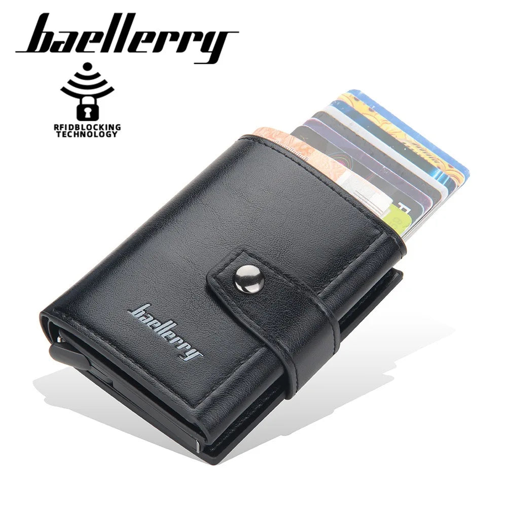 Porte-cartes compact en cuir PU avec éjection automatique RFID et fermeture bouton homme — photo 3