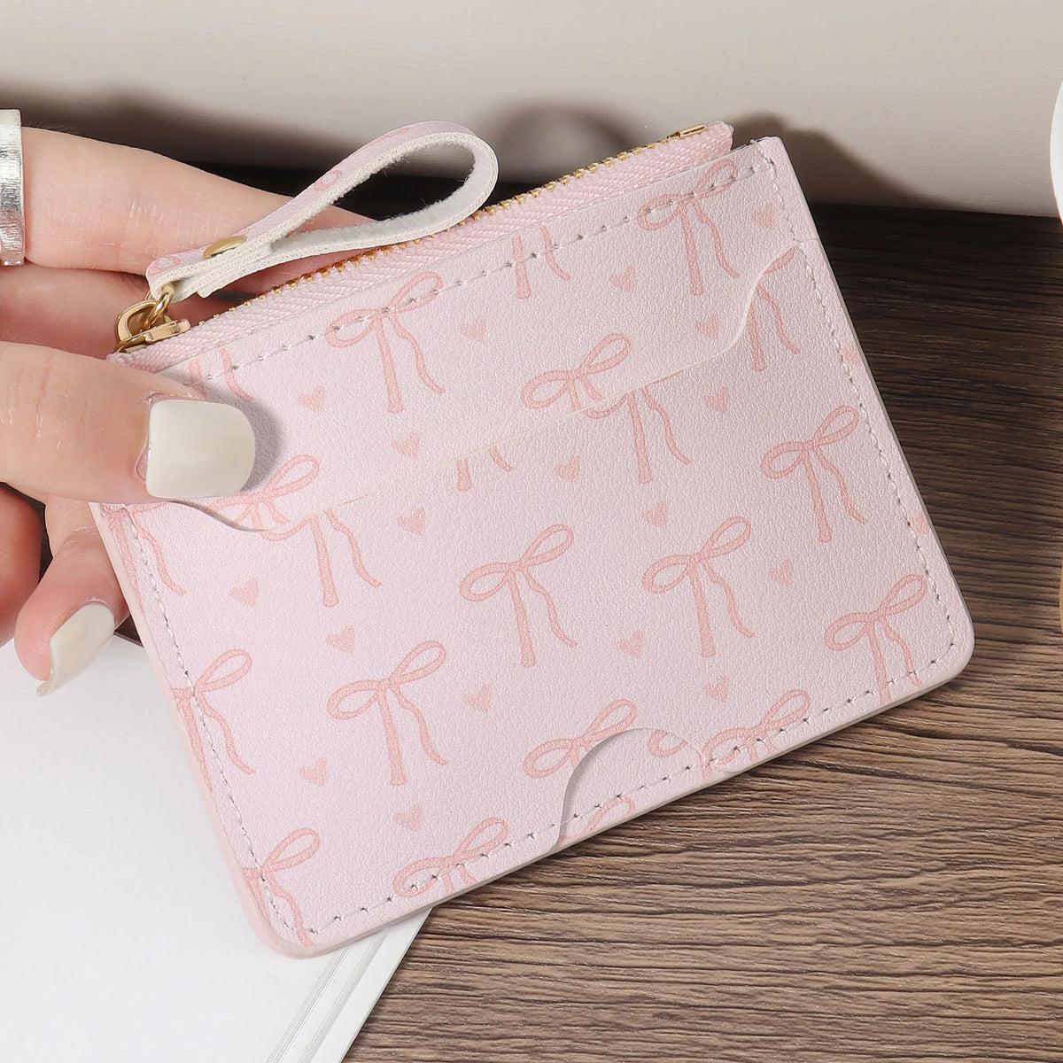 Porte-cartes ultra-fin zippé motif nœuds – mini portefeuille compact femme — photo 1