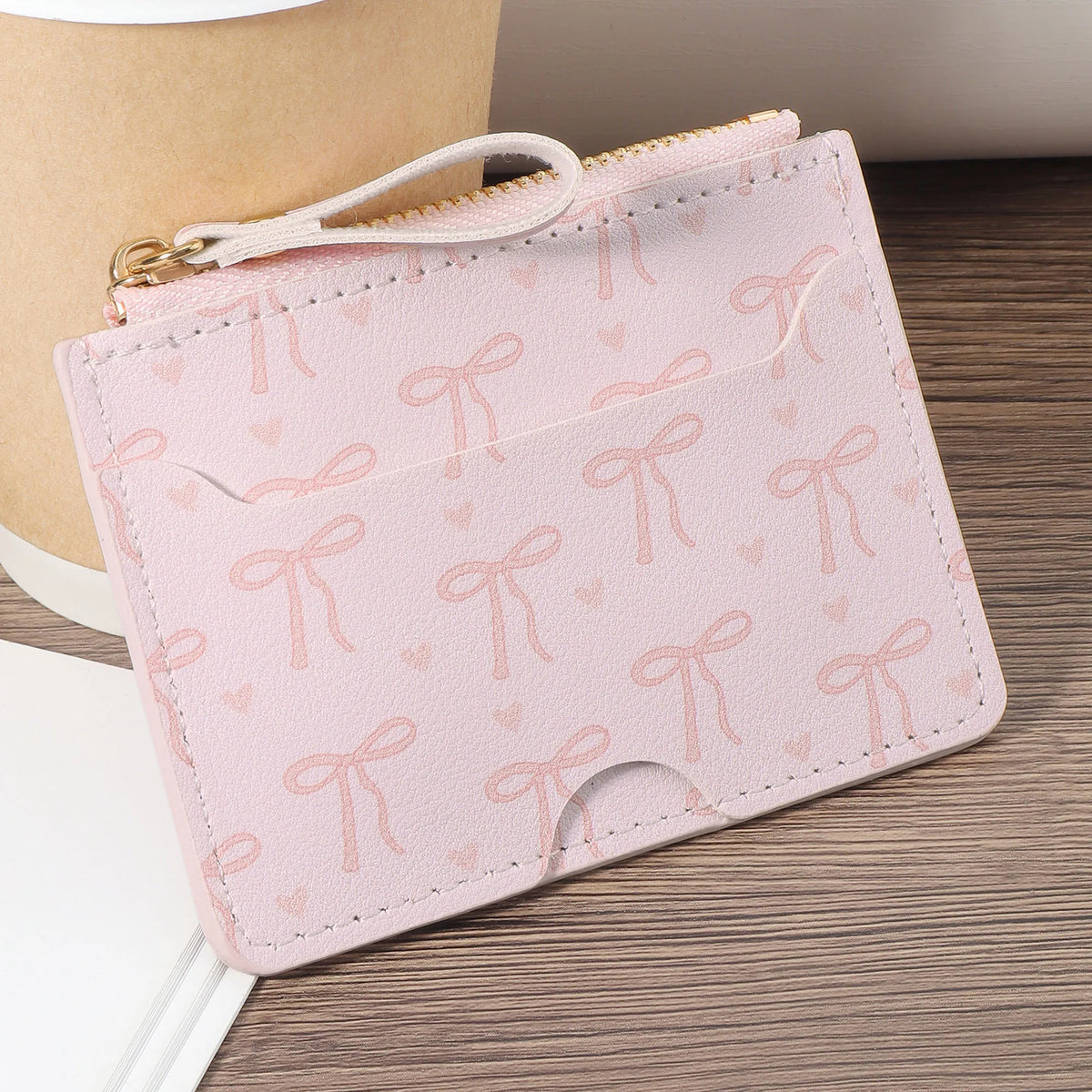 Porte-cartes ultra-fin zippé motif nœuds – mini portefeuille compact femme — photo 5