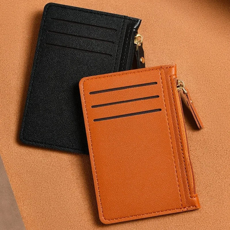 Porte-cartes slim en cuir PU avec fermeture zippée unisexe format compact — photo 1