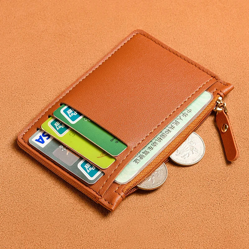 Porte-cartes slim en cuir PU avec fermeture zippée unisexe format compact — photo 2
