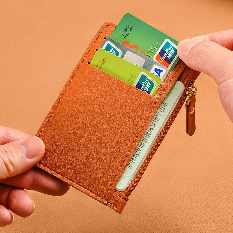 Porte-cartes slim en cuir PU avec fermeture zippée unisexe format compact — photo 3 Image