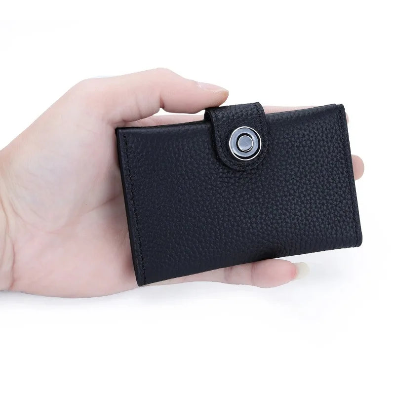 Porte-cartes ultra-fin en cuir véritable avec fermeture pression pour femme et homme — photo 1