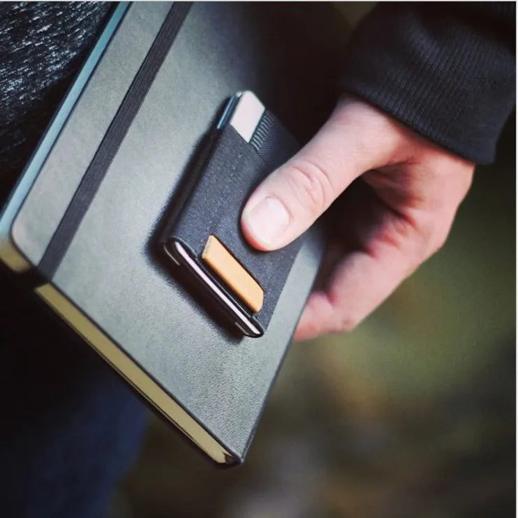 Porte-cartes ultra fin en nylon et cuir avec bande élastique minimaliste unisexe — photo 1