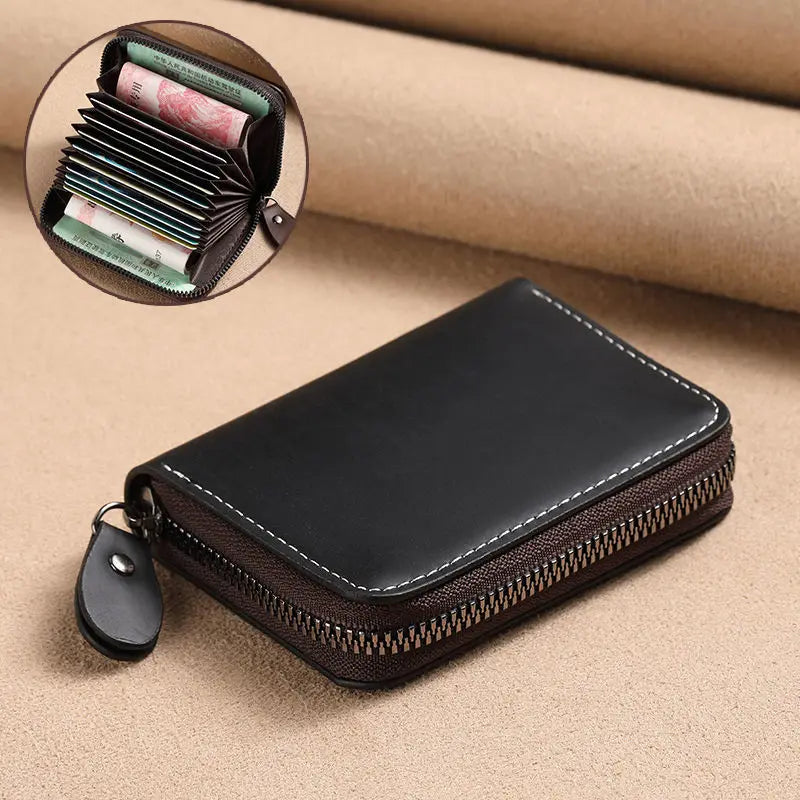 Porte-cartes zippé vintage en cuir PU compact unisexe avec compartiments — photo 1