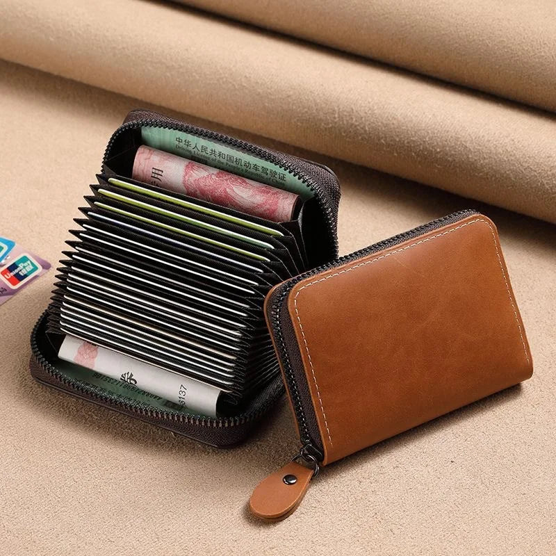 Porte-cartes zippé vintage en cuir PU compact unisexe avec compartiments — photo 2