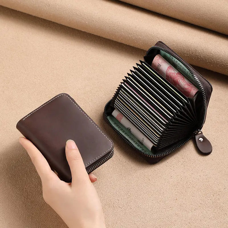 Porte-cartes zippé vintage en cuir PU compact unisexe avec compartiments — photo 3