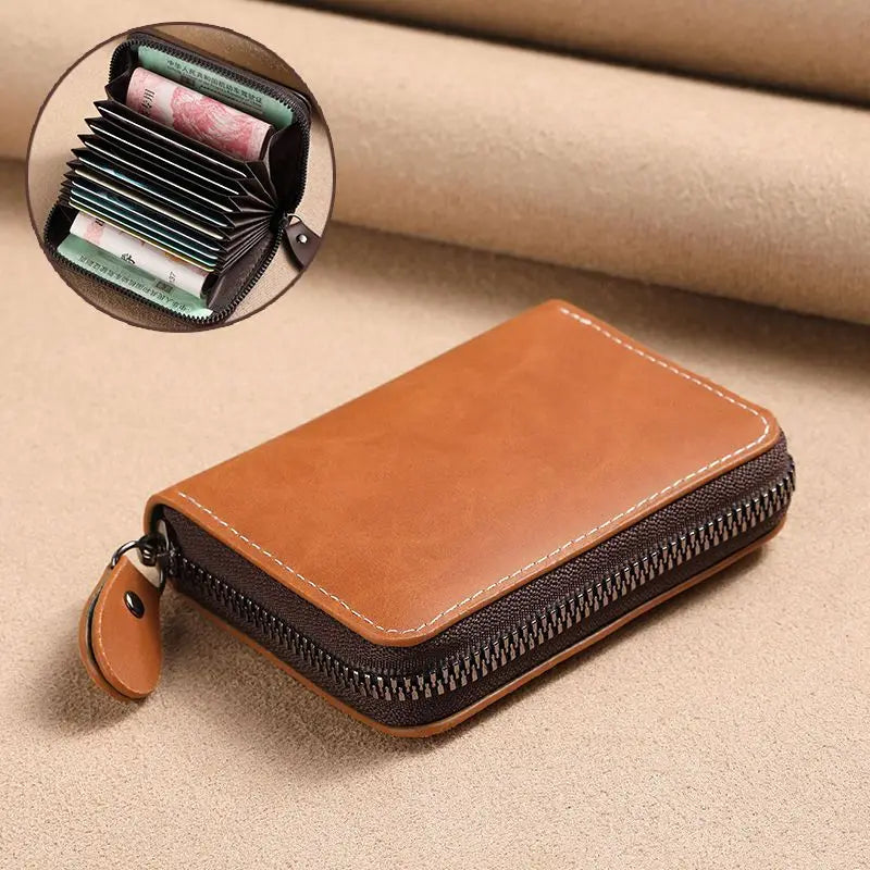 Porte-cartes zippé vintage en cuir PU compact unisexe avec compartiments — photo 8 Image