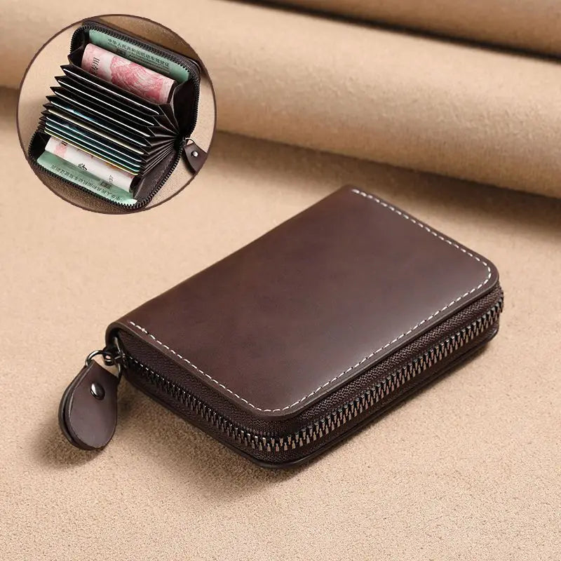 Porte-cartes zippé vintage en cuir PU compact unisexe avec compartiments — photo 9