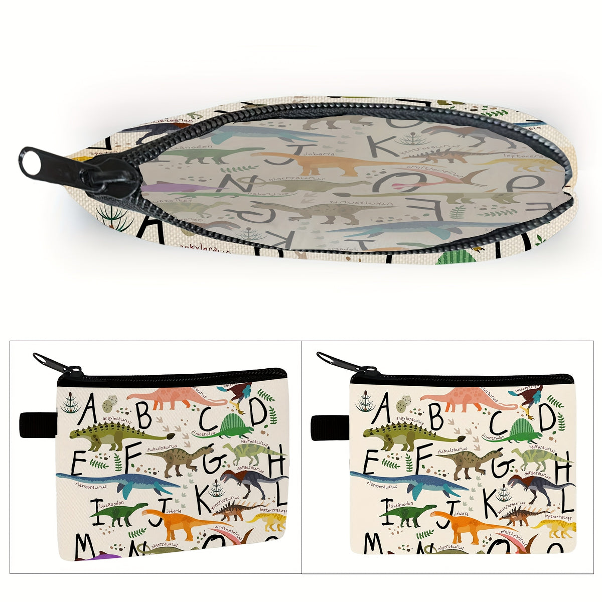 Porte-monnaie enfant dinosaures, pochette zippée en toile