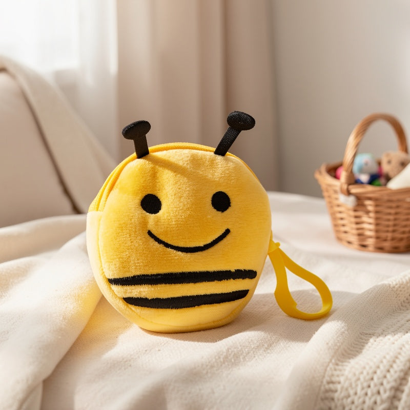 Porte-monnaie enfant peluche à clipser, abeille ou grenouille