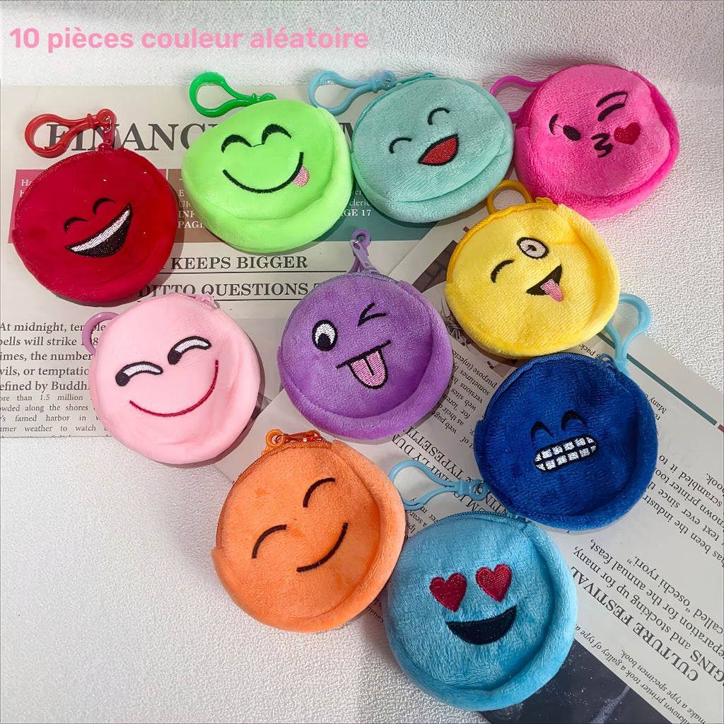 Porte-monnaie enfant en peluche, lot de 10 smileys ronds de 8 cm