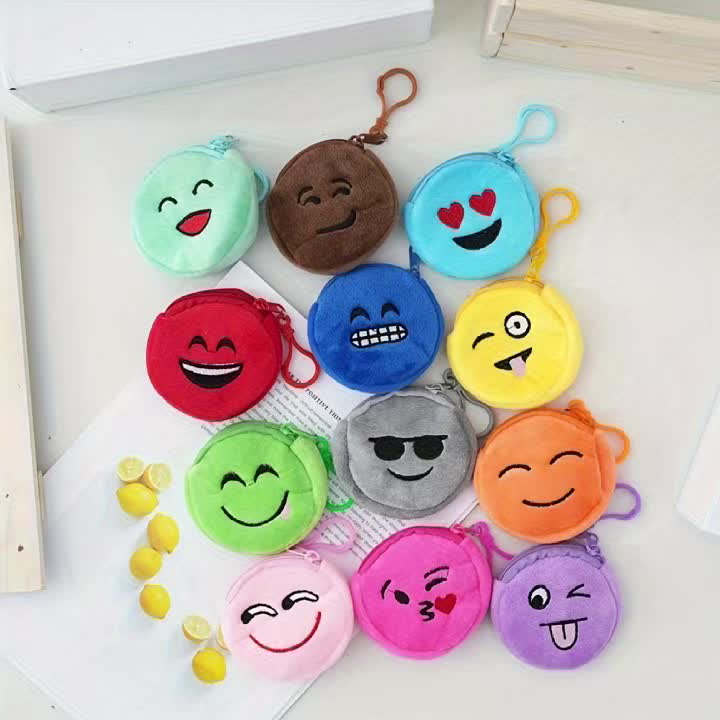 Porte-monnaie enfant en peluche, lot de 10 smileys ronds de 8 cm