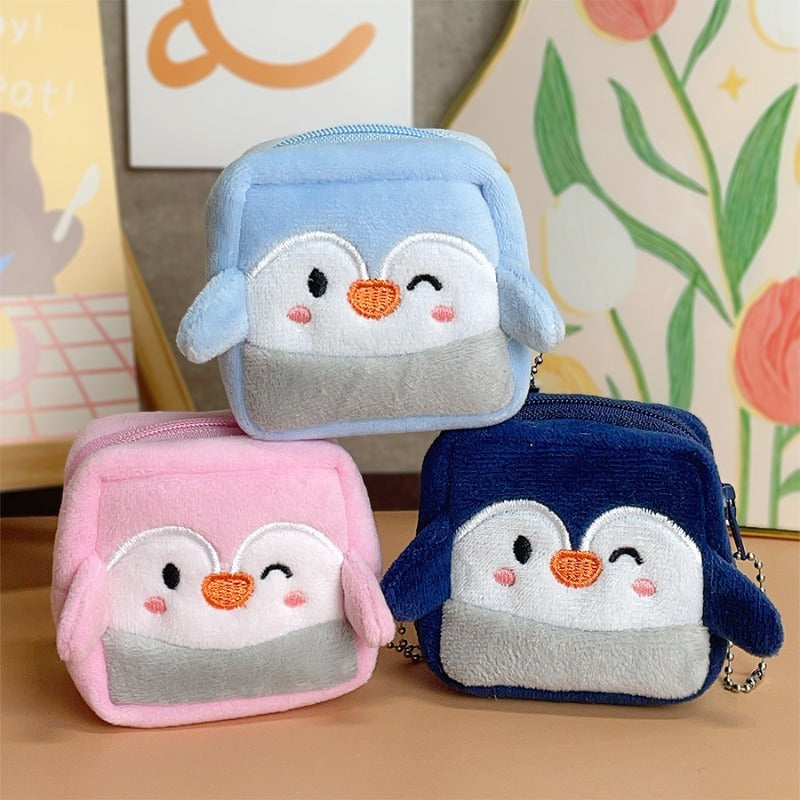Porte-monnaie enfant peluche manchot, cube zippé de 7 cm