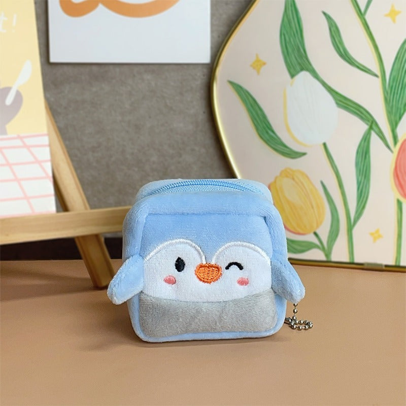 Porte-monnaie enfant peluche manchot, cube zippé de 7 cm