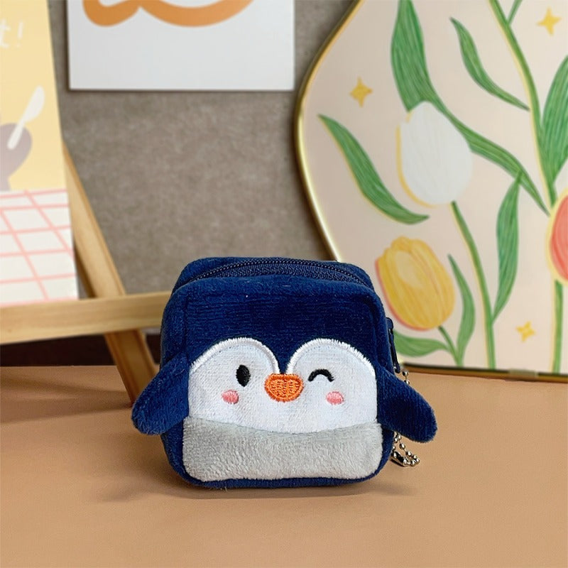 Porte-monnaie enfant peluche manchot, cube zippé de 7 cm