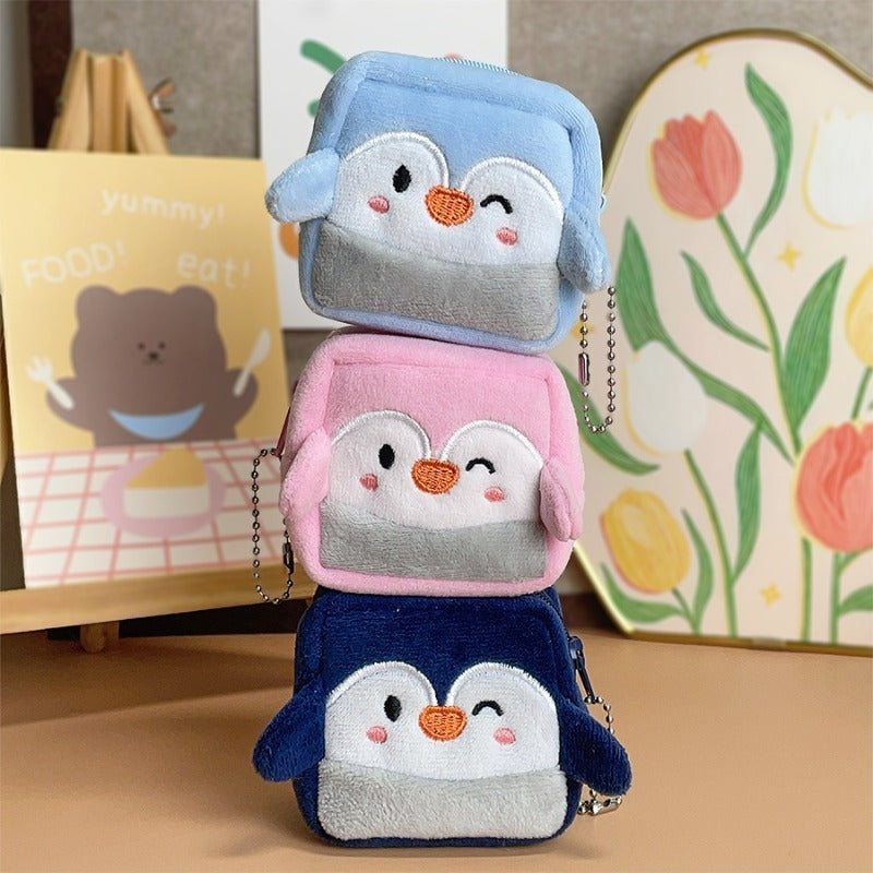 Porte-monnaie enfant peluche manchot, cube zippé de 7 cm